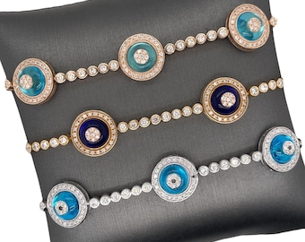 14K Solid Gold, Rose Gold, White Gold, Bezel set Diamond Tennis Bracelet, Evil Eye Diamond Tennis Unique Statement Bracelet, Jewelry