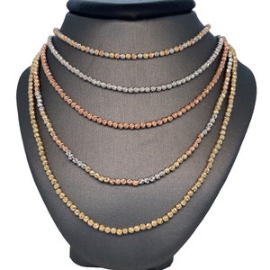 14K Solid Gold, Tri Color Gold, white gold, rose gold, Diamond Cut Textured Bead High Polished Shine Bead Chain Necklace