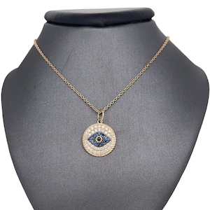 14K Solid Italian Gold Evil Eye Charm Necklace, Diamonds, Blue Sapphire, Black Diamond, Evil Eye, Beautiful Evil Eye Pendant Necklace