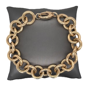 14K Italian Gold Circular Link Chain Bracelet, Polished Links, Satin, Yellow Gold, Statement Piece Bracelet