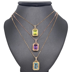 18K Yellow Gold Diamond and Gemstone Charm Necklace, Diamonds, Amethyst, Blue Topaz, Peridot, Charm Necklace, Dainty Necklace, Jewelry