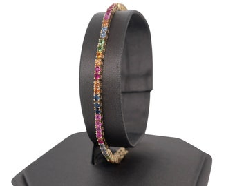 14K Solid Gold Multi Sapphire, Rianbow Gemstones, prong set tennis Bracelet