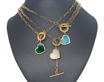 14K Italian Yellow Gold Heart Charm Paperclip Link Toggle Necklace, Malachite, Mother of Pearl, Heart, Turquoise, Paperclip Toggle Chain