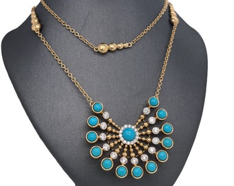 18K Italian Yellow Gold Lionheart™ Signature "Bubbles Raggi" Diamond and Turquoise Charm Necklace, Turquoise, Statement Piece Necklace