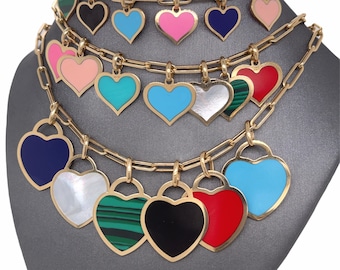 14K Solid Yellow Gold mother of Pearl, malachite, turquoise, onyx, coral, lapis Padlock Hearts, Heart inlay gemstone Charm Pendants