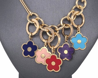 inlay cherry blossom 14K Solid Gold cute flower charm pendants small gemstone coral malachite amethyst turquoise