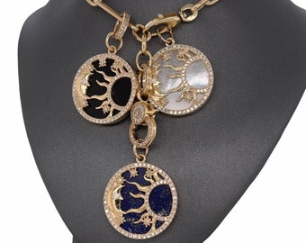 14K Solid Gold, Diamonds, Moon, Sunburst, Diamonds, Onyx, Lapis, Mother Of Pearl, Celestial Charm Pendant Medallion