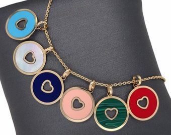inlay cherry blossom 14K Solid Gold cute flower charm pendants small gemstone coral malachite amethyst turquoise