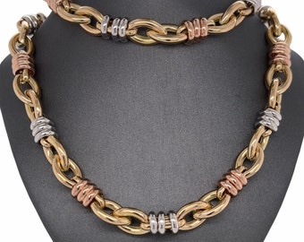 14K Italian Yellow, White and Rose Gold Knitted Link Tri Tone Chain Necklace