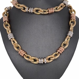 14K Italian Gold Knotted Link Chain, Yellow Gold, Statement Knotted Tricolor High Polished Link Chain