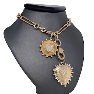 14K Solid Yellow Gold, Textured, Diamond Heart Pendants, Baguette Diamonds, Heart Charm, Disc Pendants