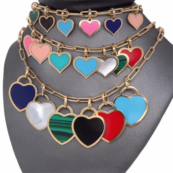 14K Solid Yellow Gold mother of Pearl, malachite, turquoise, onyx, coral, lapis Padlock Hearts, Heart inlay gemstone Charm Pendants