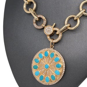 Lionheart™ Signature Serenity Medallion 14K Solid Gold, Multi Oval Turquoise, Diamond, Medallion, Lucky Charm Pendant