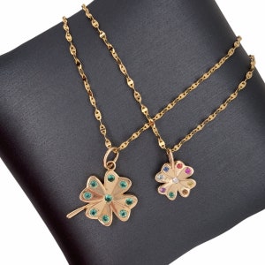 14K Solid Gold, Diamond, Multi Sapphires, Emerald, Four Leaf Clover, Lucky Clover Charm Pendant
