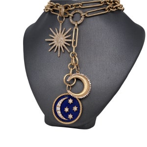 14K Solid Gold, Lapis Moon stars charm medallion, textured moon, starburst, pave diamonds charm pendants