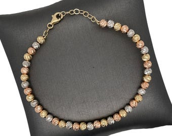 Pulsera de oro tricolor de 14 quilates con cuentas, oro amarillo, oro blanco, oro rosa, pulsera de eslabones esféricos, pulsera con corte de diamante, pulsera brillante con cuentas