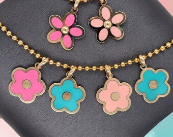 inlay cherry blossom 14K Solid Gold cute flower charm pendants small gemstone coral malachite amethyst turquoise