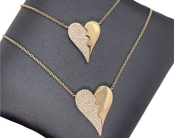 14K Solid Gold, Pave set Diamond, Split Heart Charm Necklace
