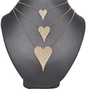 14K Solid Gold, pave set Diamond, elongated Heart Charm Necklace image 1