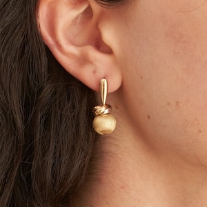 14k Italian Gold Ball Drop Earrings, Satin Textured Ball, Two Tone Knots, Two-tone, Yellow Gold, White Gold, Ball Drop Earrings