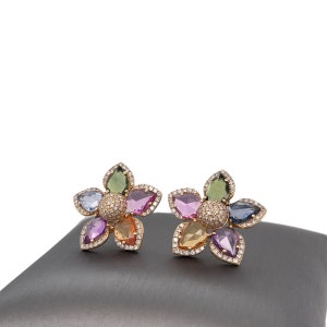 14K Gold, Multi Sapphire, Pave set Diamonds, Flower, Push Back Earrings image 9