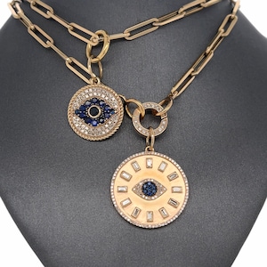 14K Solid Gold, Satin Gold, Solid Gold, Diamonds, Pave Diamonds, Baguette Diamonds, Evil Eye, Protection Eye, Charm Pendants