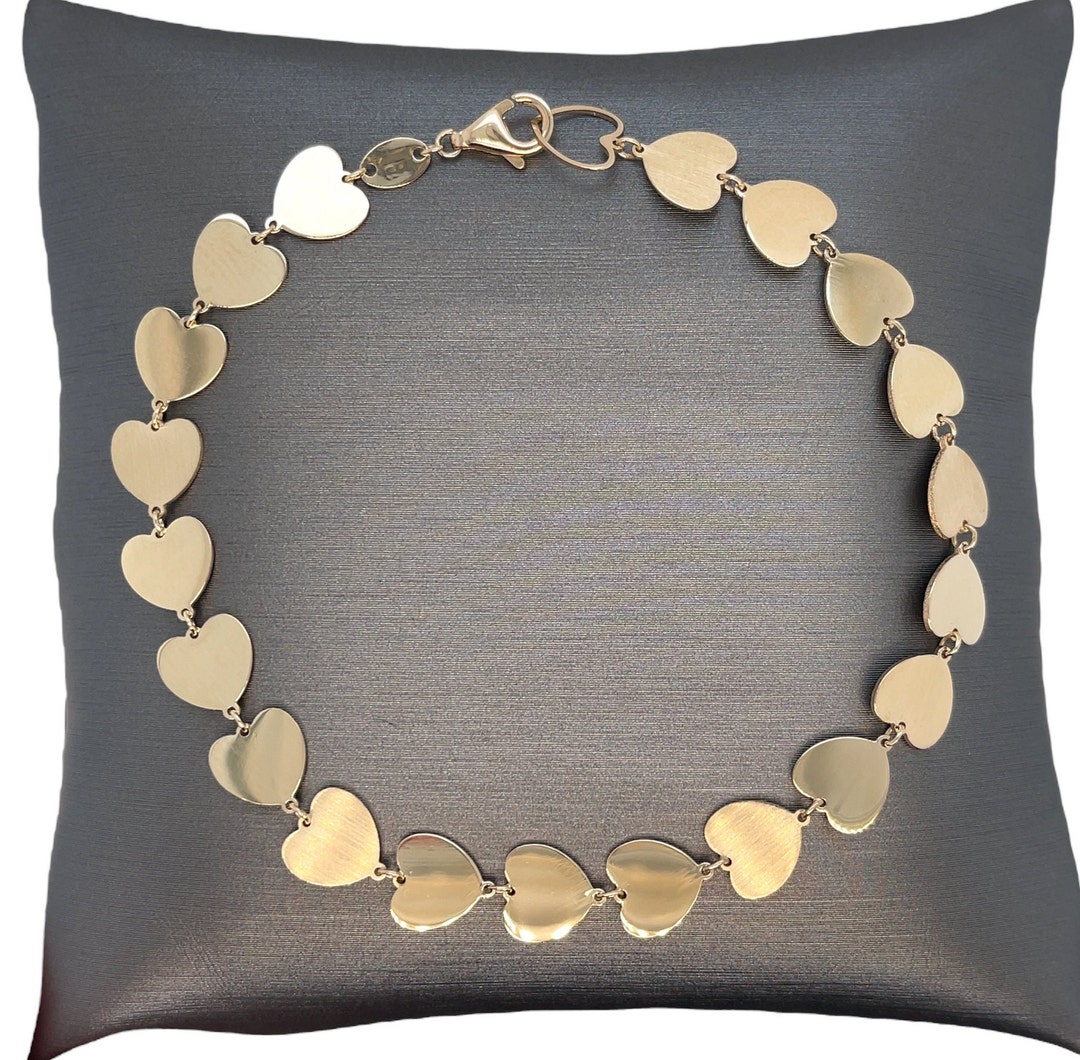 14K Solid Gold Heart Link Chain Bracelet, Satin Links, High Polished