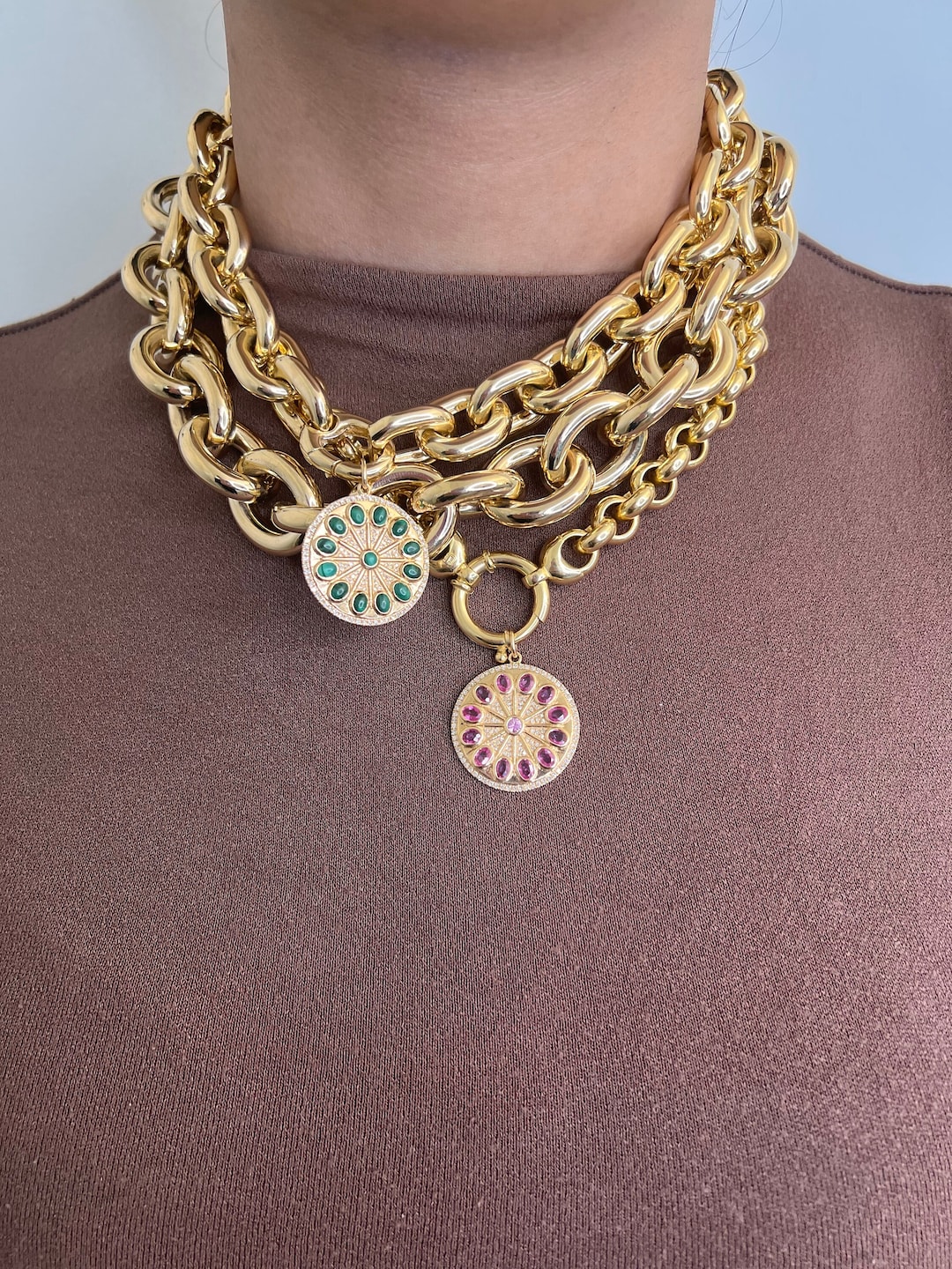 Lionheart™ Signature 14K Solid Gold serenity Amulet, Multi Oval Malachite, Diamonds, Medallion