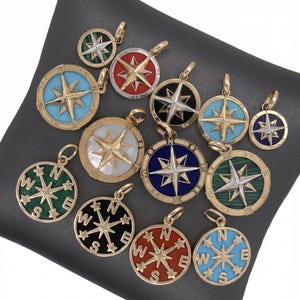 14K Yellow Gold Inlay Nautical Compass Charm Pendant