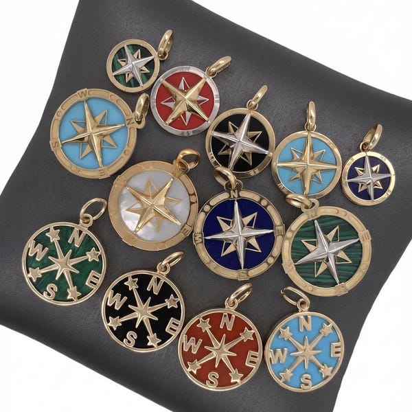 14K Yellow Gold Inlay Nautical Compass Charm Pendant
