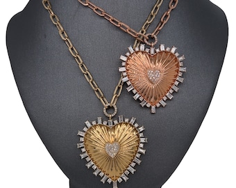14K Gelbgold, Rosegold, Diamant, Herz, Baguette, Bettelkette, Schmuck