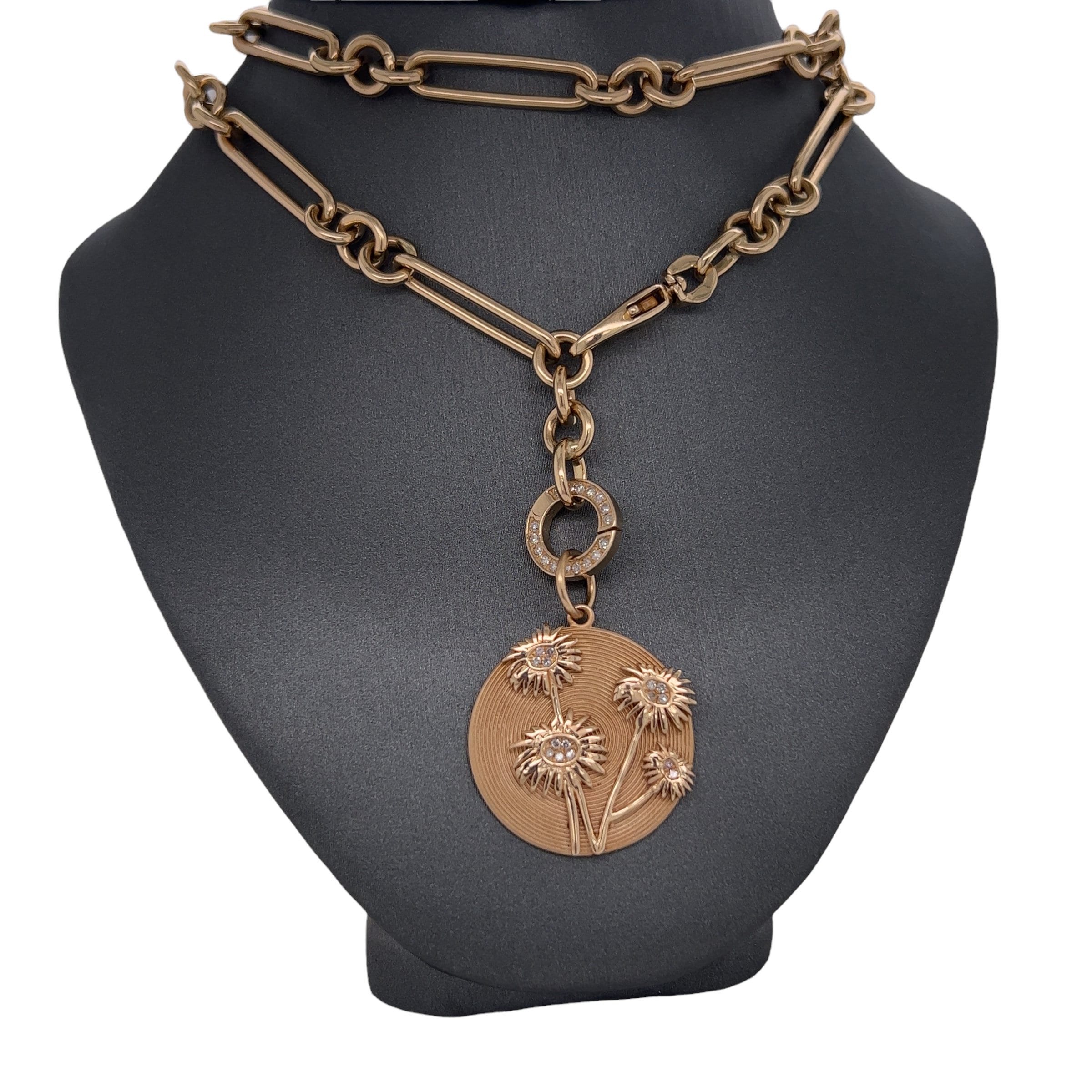 14K Gold, Diamant, Löwenzahn, Medaillon, gebürstetes & strukturiertes Gold, Charm Anhänger