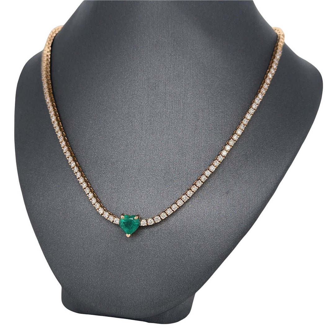 14k Gold, Halfway Diamond Tennis Necklace With Heart Shaped