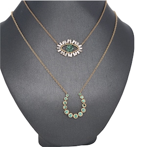 14K Gold, Diamond, Emerald, Evil Eye, Horse Shoe, Lucky, Protection Charm Necklace