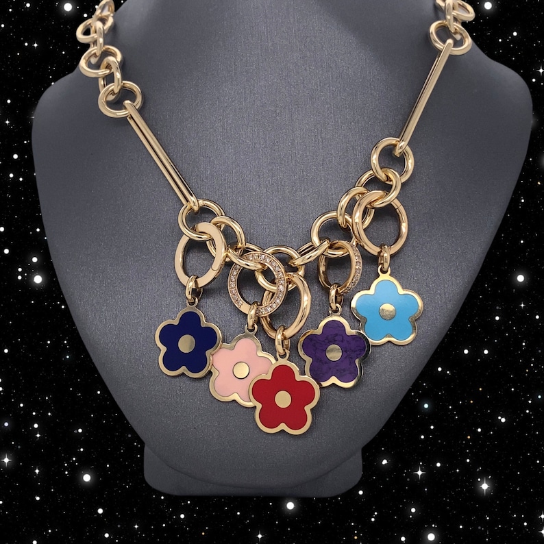 inlay cherry blossom 14K Solid Gold cute flower charm pendants small gemstone coral malachite amethyst turquoise