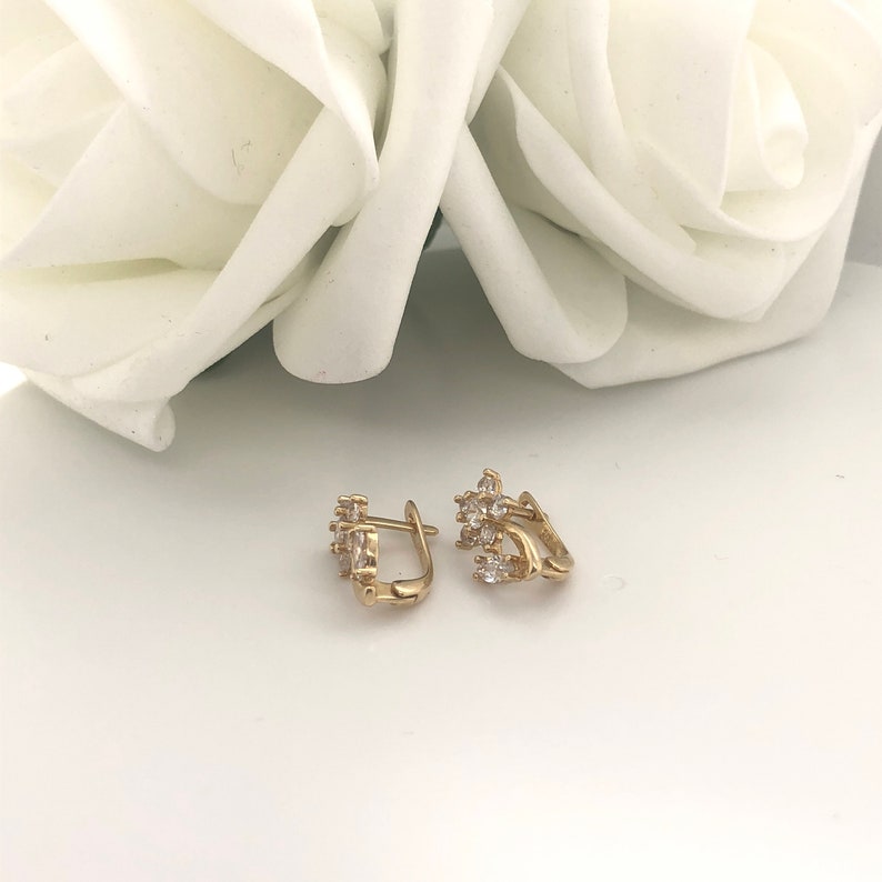 14 K Solid Gold cubic zirconia cz diamonique flower cluster flower stem shape post huggie earrings