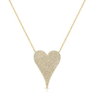 14K Solid Gold, pave set Diamond, elongated Heart Charm Necklace image 3