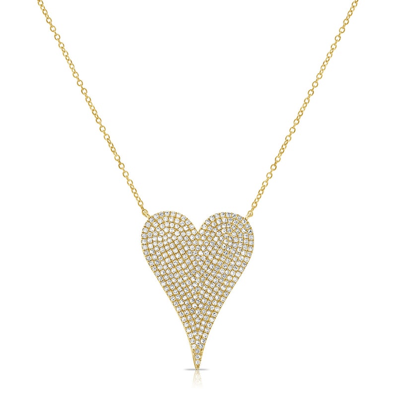 14K Solid Gold, pave set Diamond, elongated Heart Charm Necklace image 3