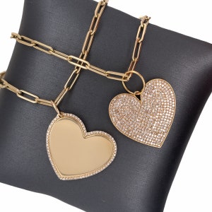 14K Solid Gold, Yellow Gold, Full Pave Diamonds, Solid Gold, Jumbo Heart Charm Medallion Pendants