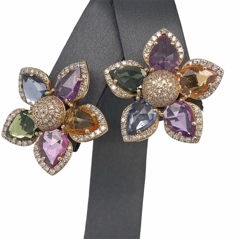 14K Gold, Multi Sapphire, Pave set Diamonds, Flower, Push Back Earrings image 6
