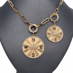 14K Gold, White Gold, Rose Gold, Textured Gold Design, Diamond Rim, Pave Diamonds, Enamel, Compass Charm Pendant