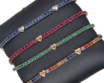 14K Solid Yellow Gold Sapphire, Ruby, Multi Sapphire or Emerald Tennis Bracelet