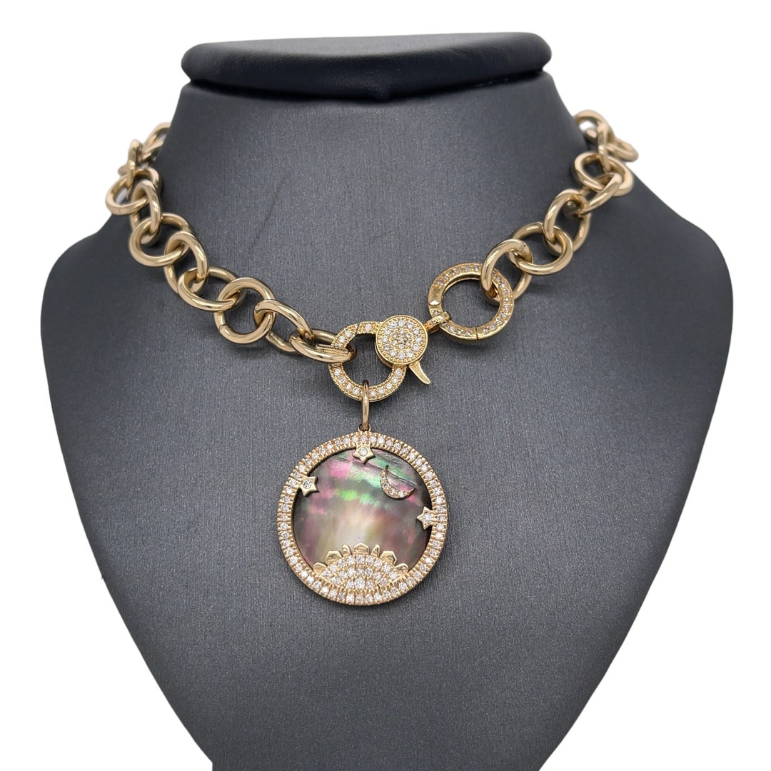 14K Solid Gold Lionheart™ Signature starry Night Grey Mother of Pearl Pendent, Diamonds, Moon