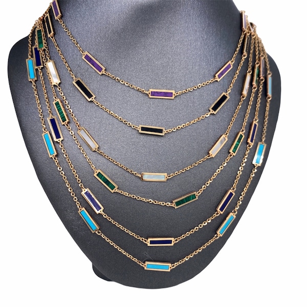 14K Gold Gemstone Inlay Malachite, Lapis, Turquoise Bar Chain Necklace