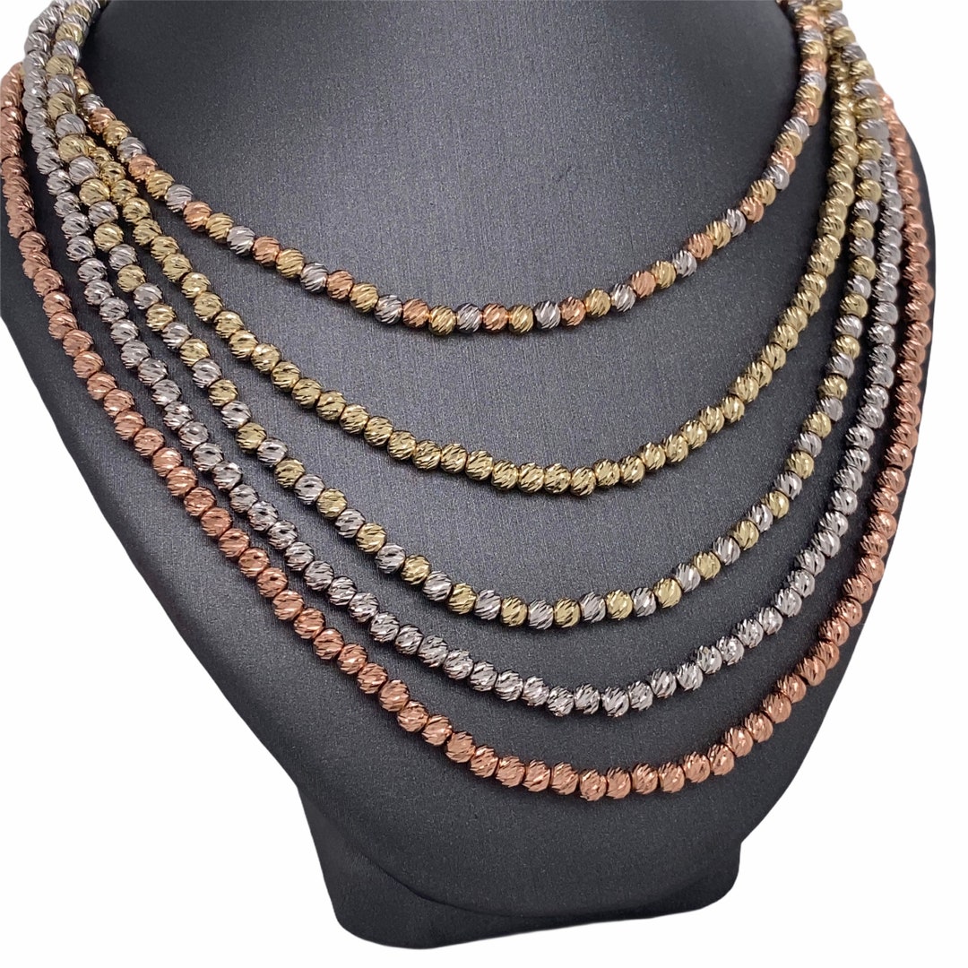 14K Solid Yellow, White or Rose Gold Tri Tone Beaded Chain Necklace - Etsy