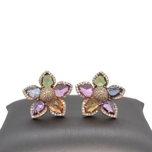 14K Gold, Multi Sapphire, Pave set Diamonds, Flower, Push Back Earrings image 7