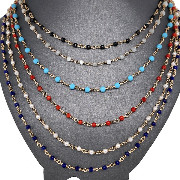 14K Gold, Lapis, Turquoise, Onyx, Coral, Pearl, Mother of Pearl, Bead Chain Necklace