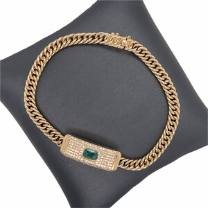 14K Solid Gold, Emerald,  Pave Set Diamonds, Emerald Center, Miami Link Bracelet