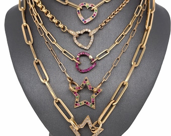 14K Solid Gold Full Pave Set With Diamonds Open Heart, Open Star Charm Connector, Chain Connector Clicker Clasp