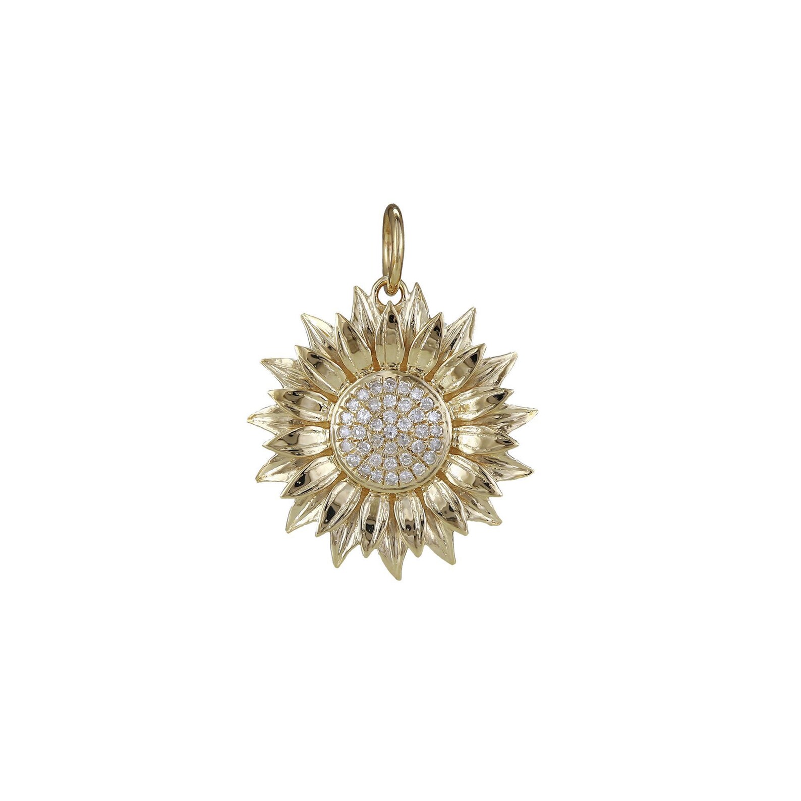 14K Solid Gold Diamond Sunflower Charm Pendant Etsy